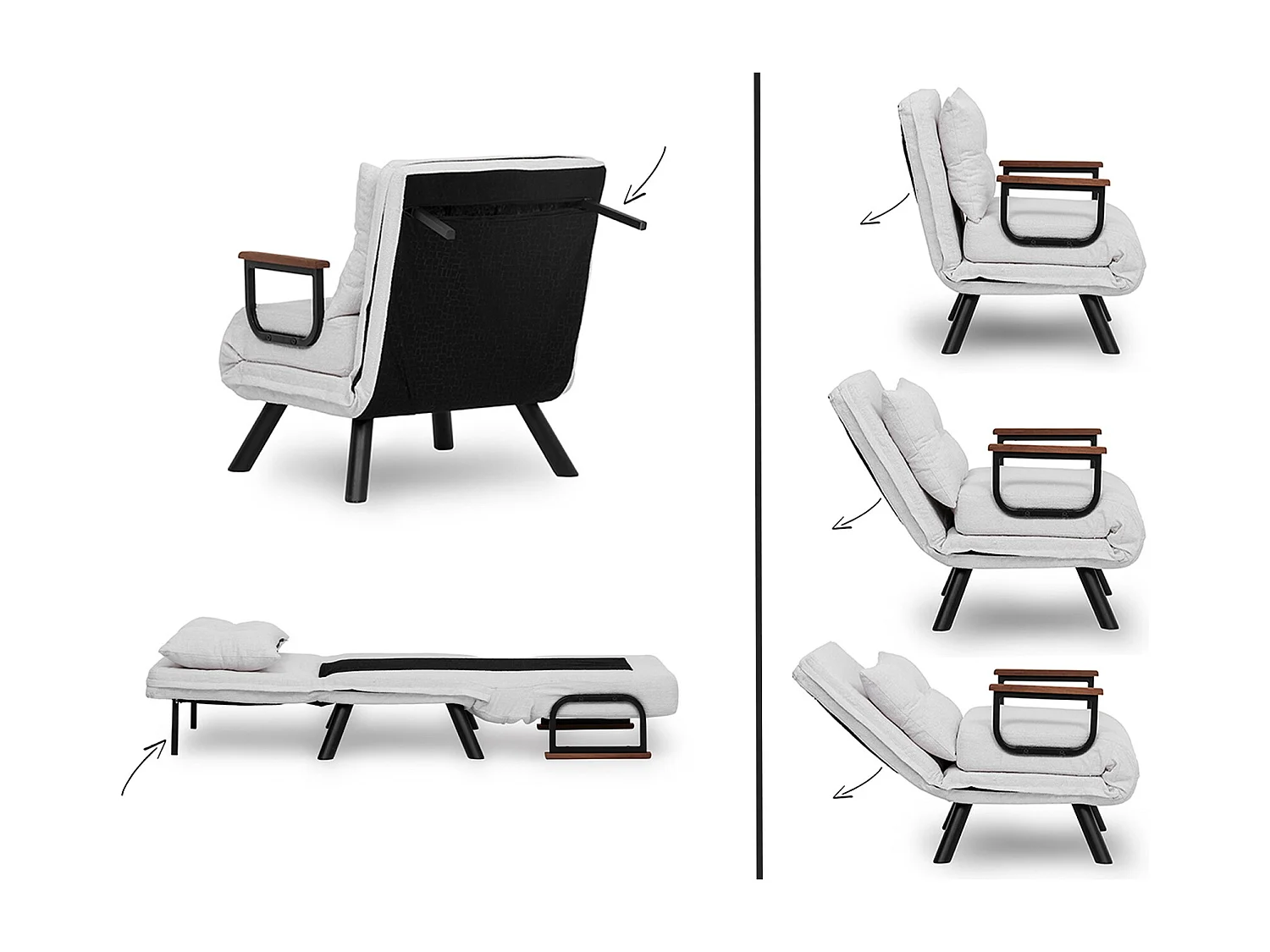 Fauteuil convertible Yolanda Métal Noir et Lin Marron clair