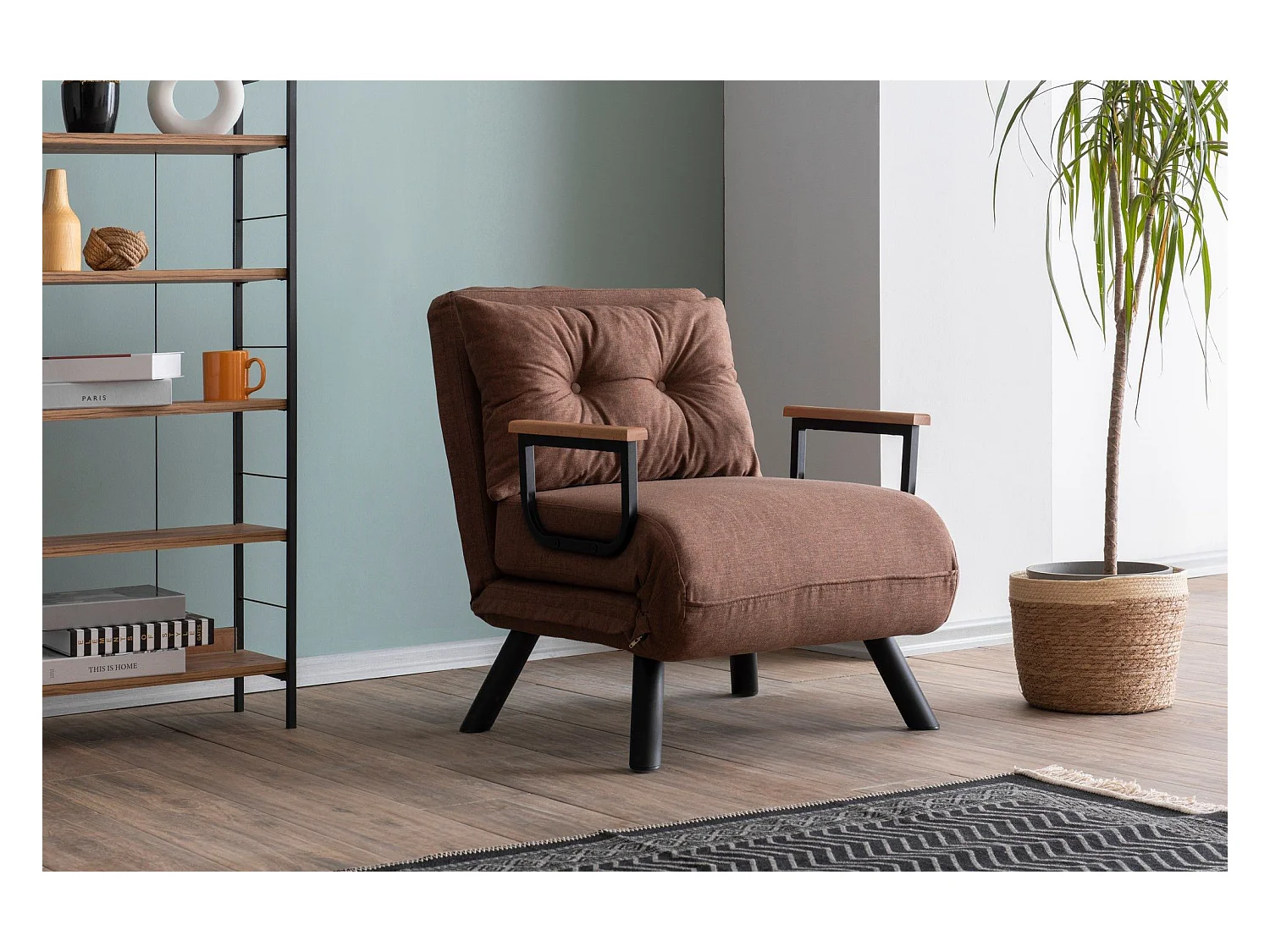 Fauteuil convertible Yolanda Métal Noir et Lin Marron clair
