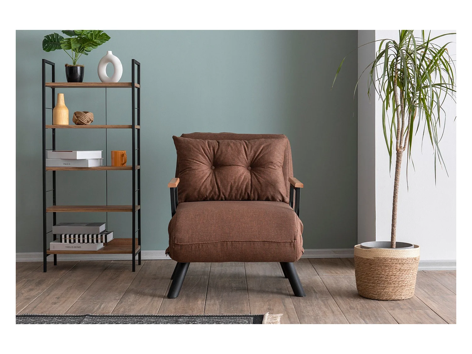 Sillón-cama de 1 plaza – color marrón claro – estructura 100% metal – tejido de lino