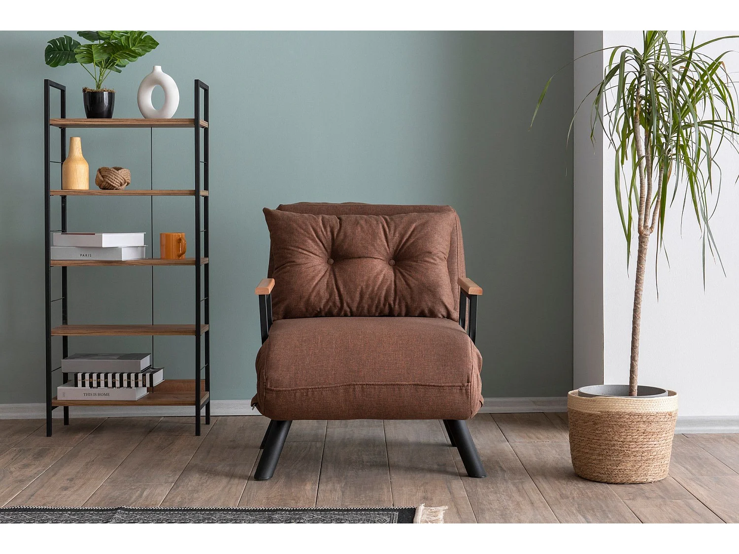 Poltrona-cama de 1 lugar – cor marrom claro – estrutura 100% metálica – tecido de linho