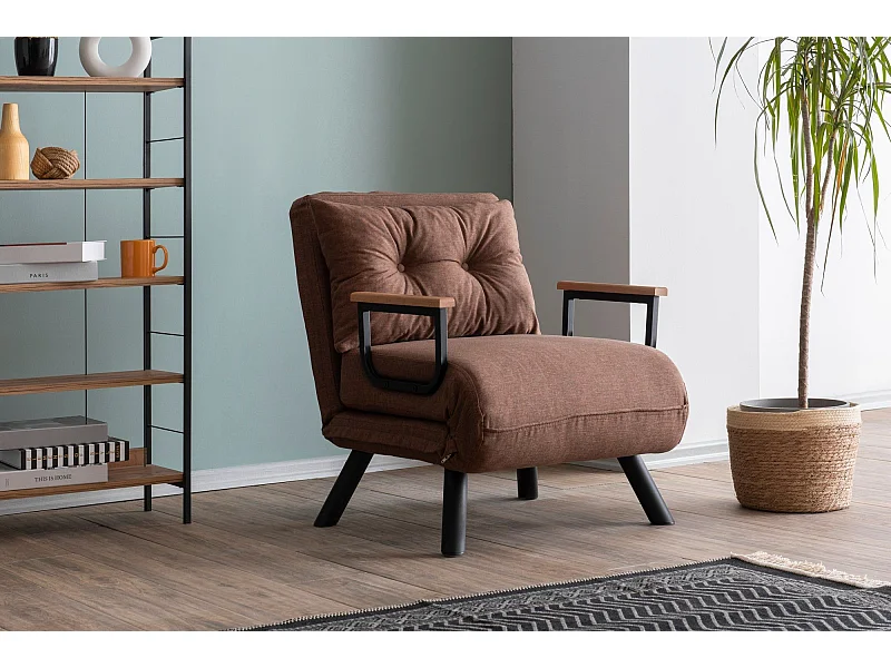 Fauteuil convertible Yolanda Métal Noir et Lin Marron clair