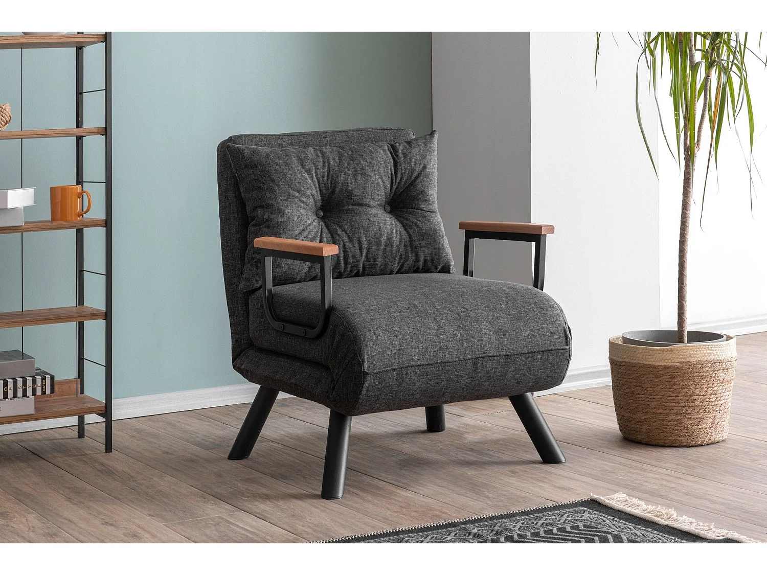 Fauteuil convertible Yolanda Métal Noir et Lin Gris foncé