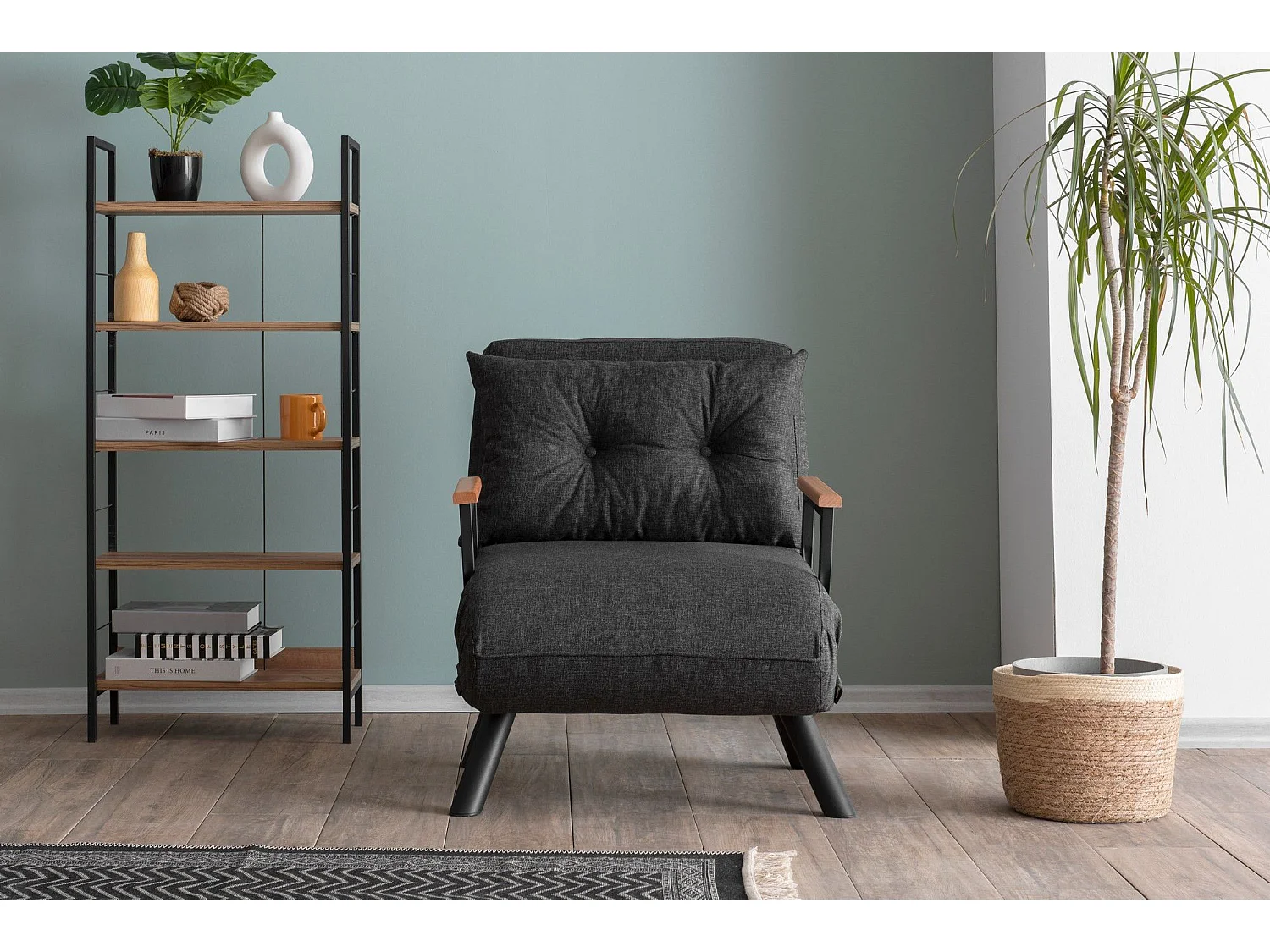 Fauteuil convertible Yolanda Métal Noir et Lin Gris foncé