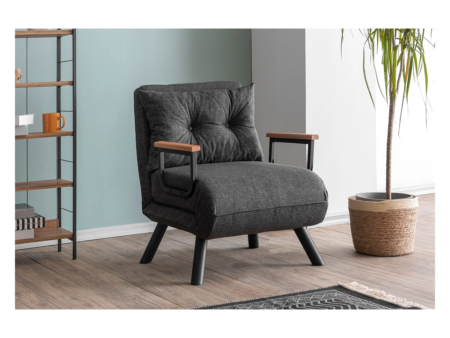 Fauteuil convertible Yolanda Métal Noir et Lin Gris foncé