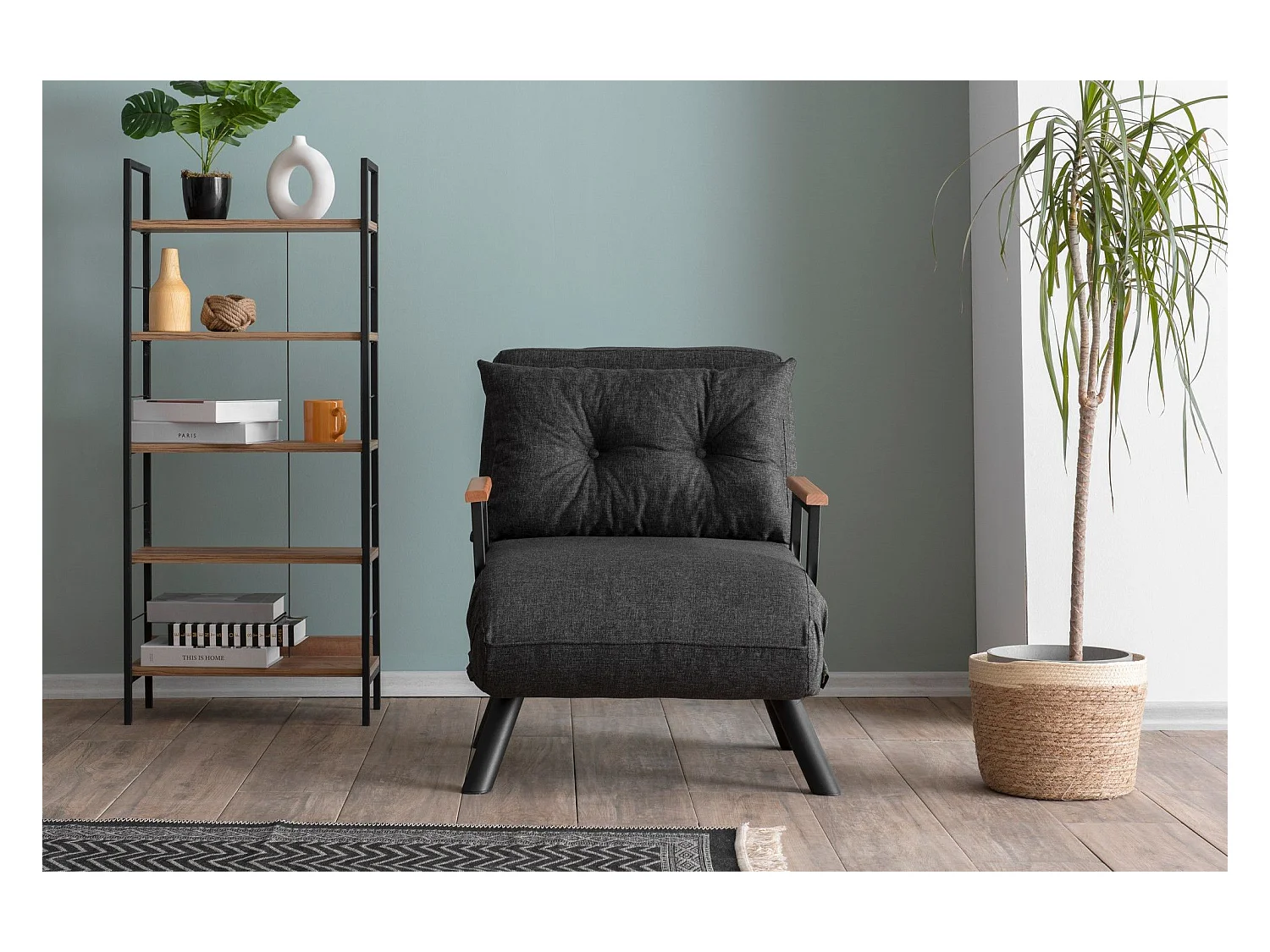 Fauteuil convertible Yolanda Métal Noir et Lin Gris foncé