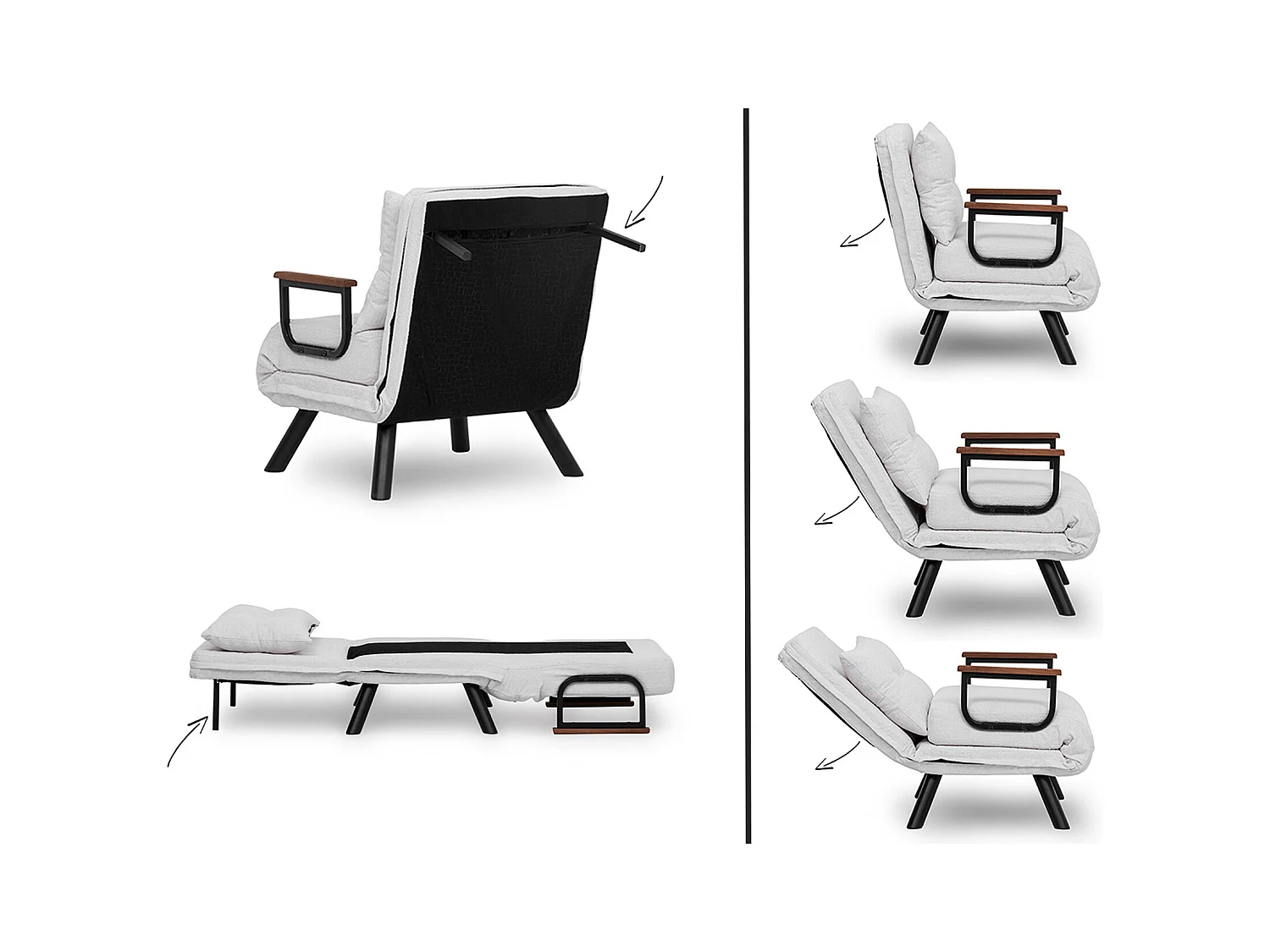 Fauteuil convertible Yolanda Métal Noir et Lin Gris foncé