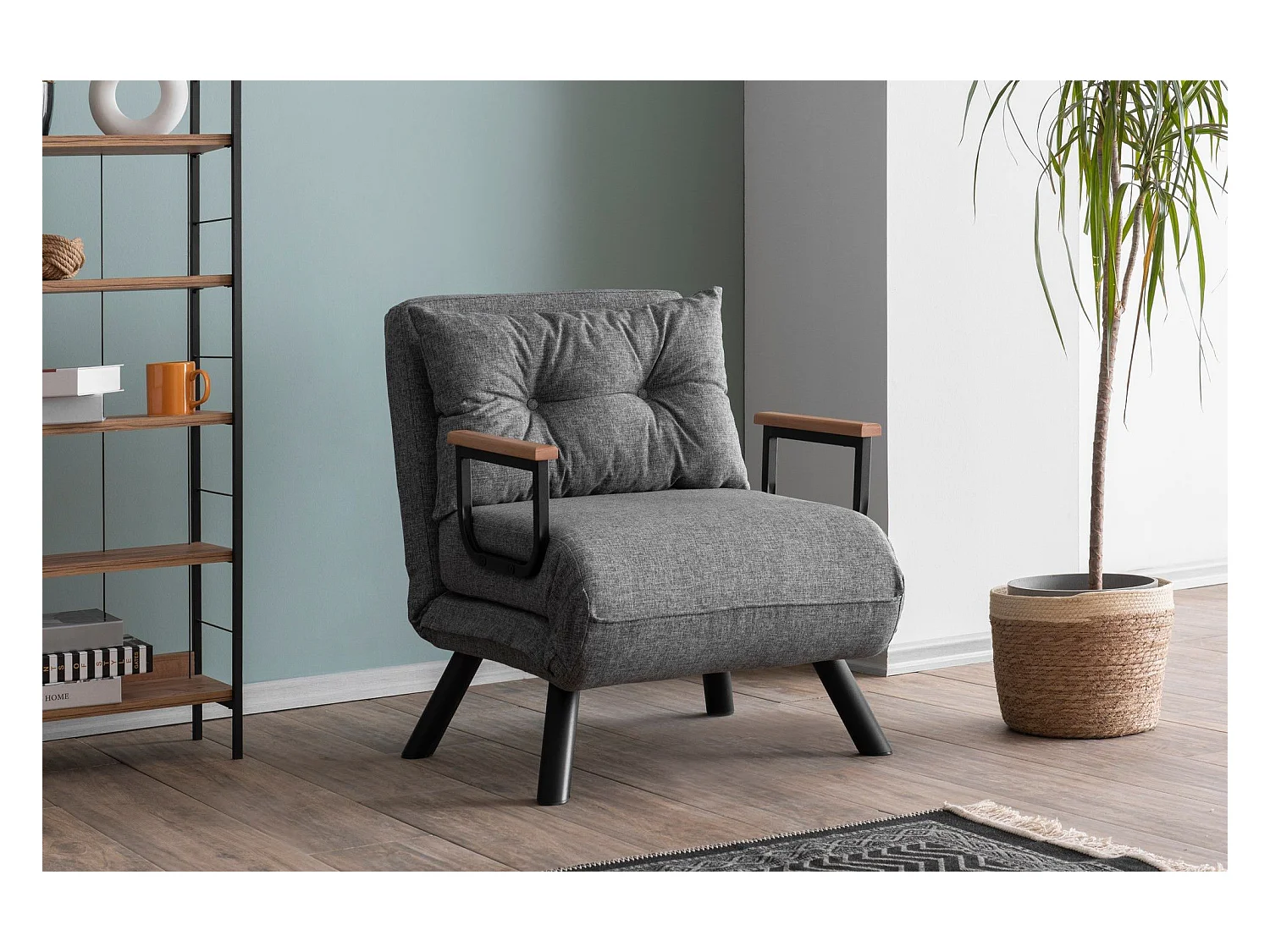 Fauteuil convertible Yolanda Métal Noir et Lin Gris clair