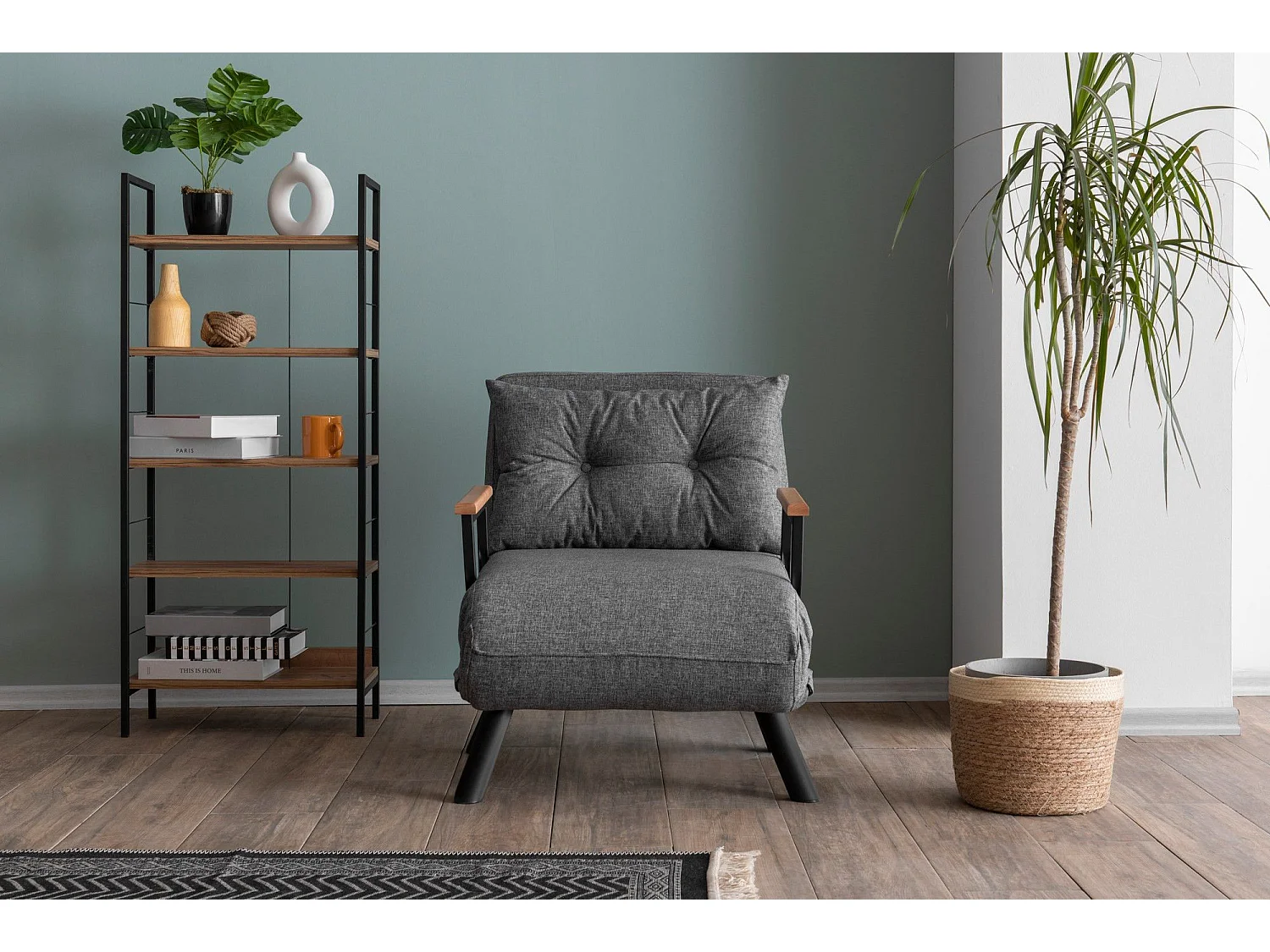 Fauteuil convertible Yolanda Métal Noir et Lin Gris clair