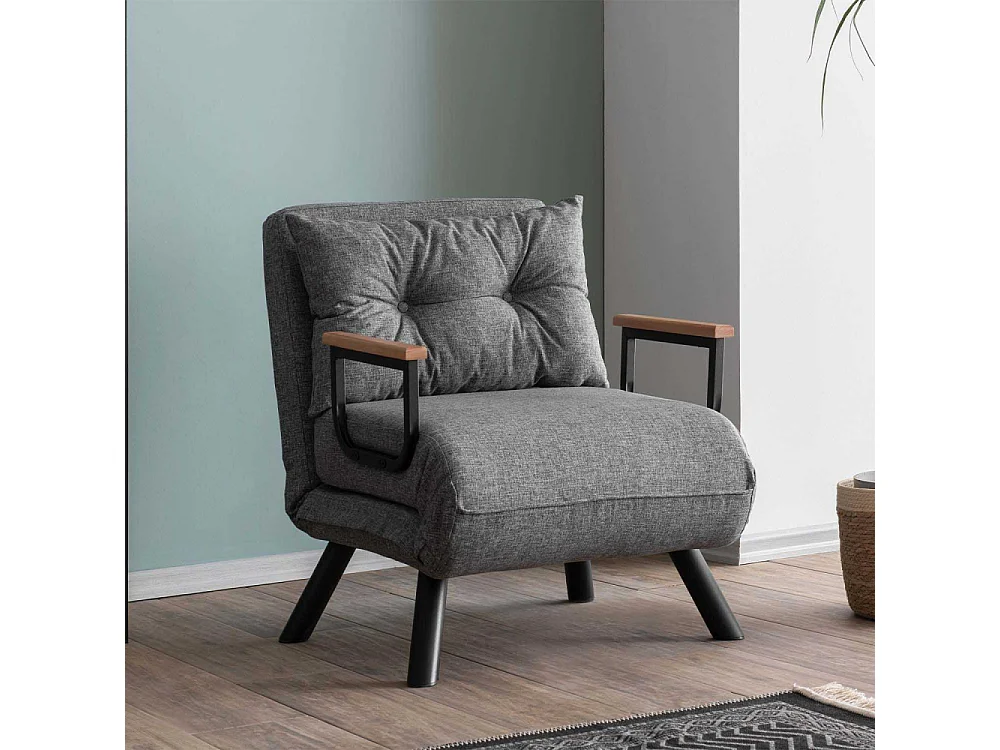 Fauteuil convertible Yolanda Métal Noir et Lin Gris clair