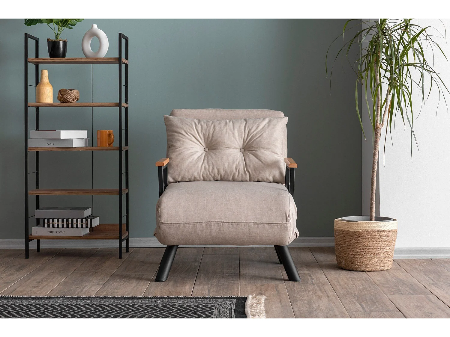 Fauteuil convertible Yolanda Métal Noir et Tissu Blanc crème