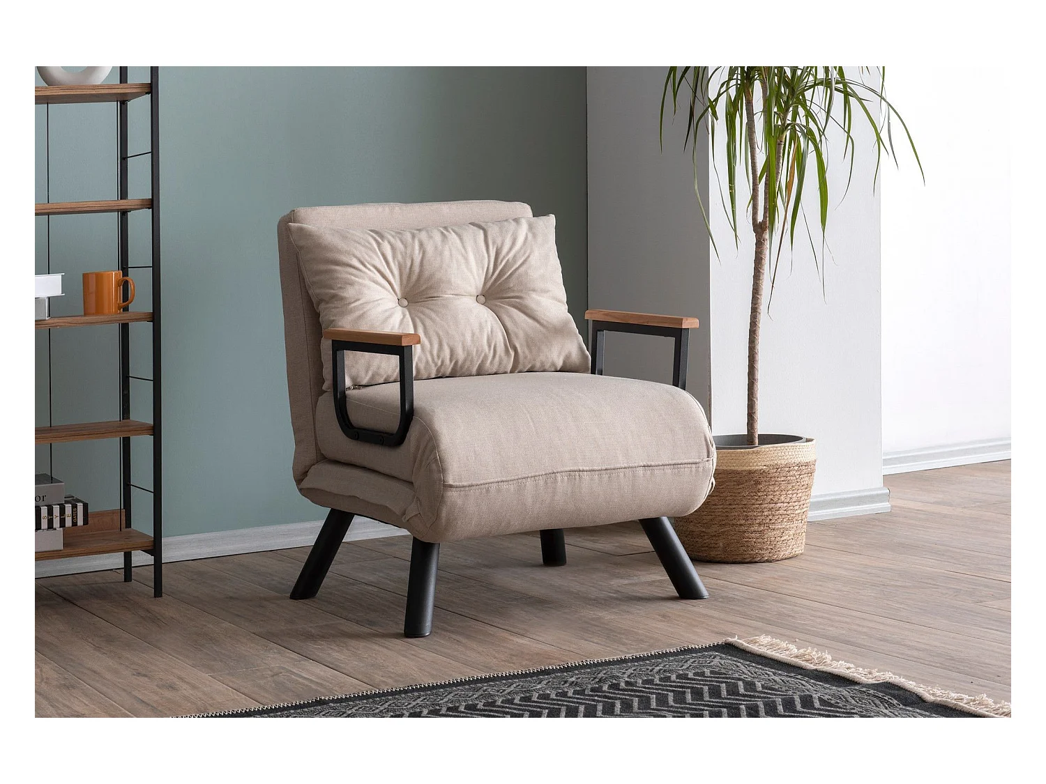 Fauteuil convertible Yolanda Métal Noir et Tissu Blanc crème
