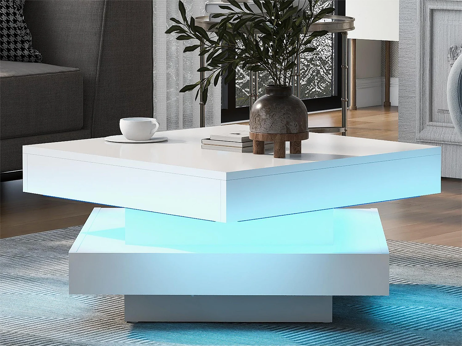 Mesa de centro giratória com LED em 16 cores - formato quadrado - Branco