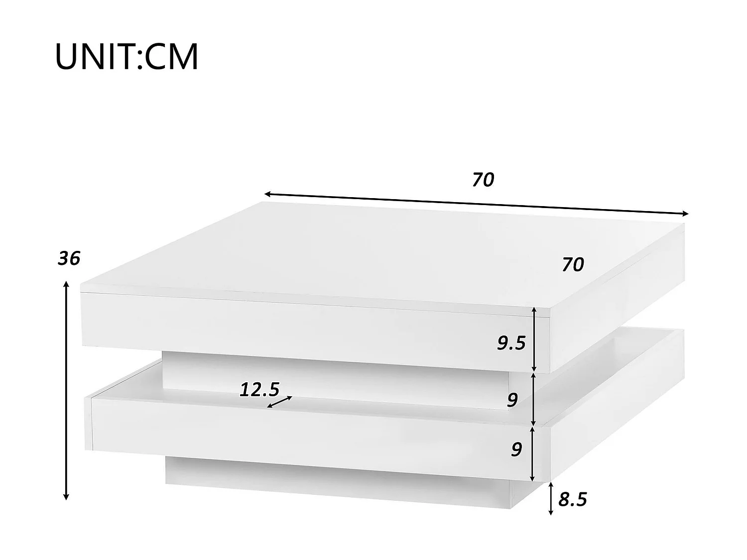Mesa de centro giratória com LED em 16 cores - formato quadrado - Branco