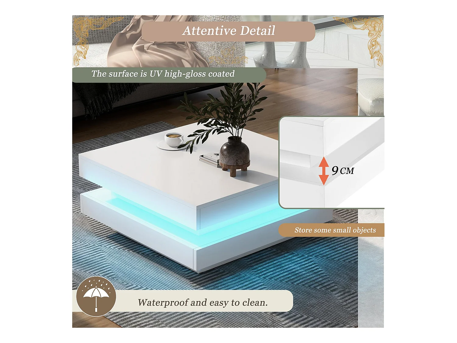 Draaibare salontafel met LED in 16 kleuren - vierkante vorm - Wit