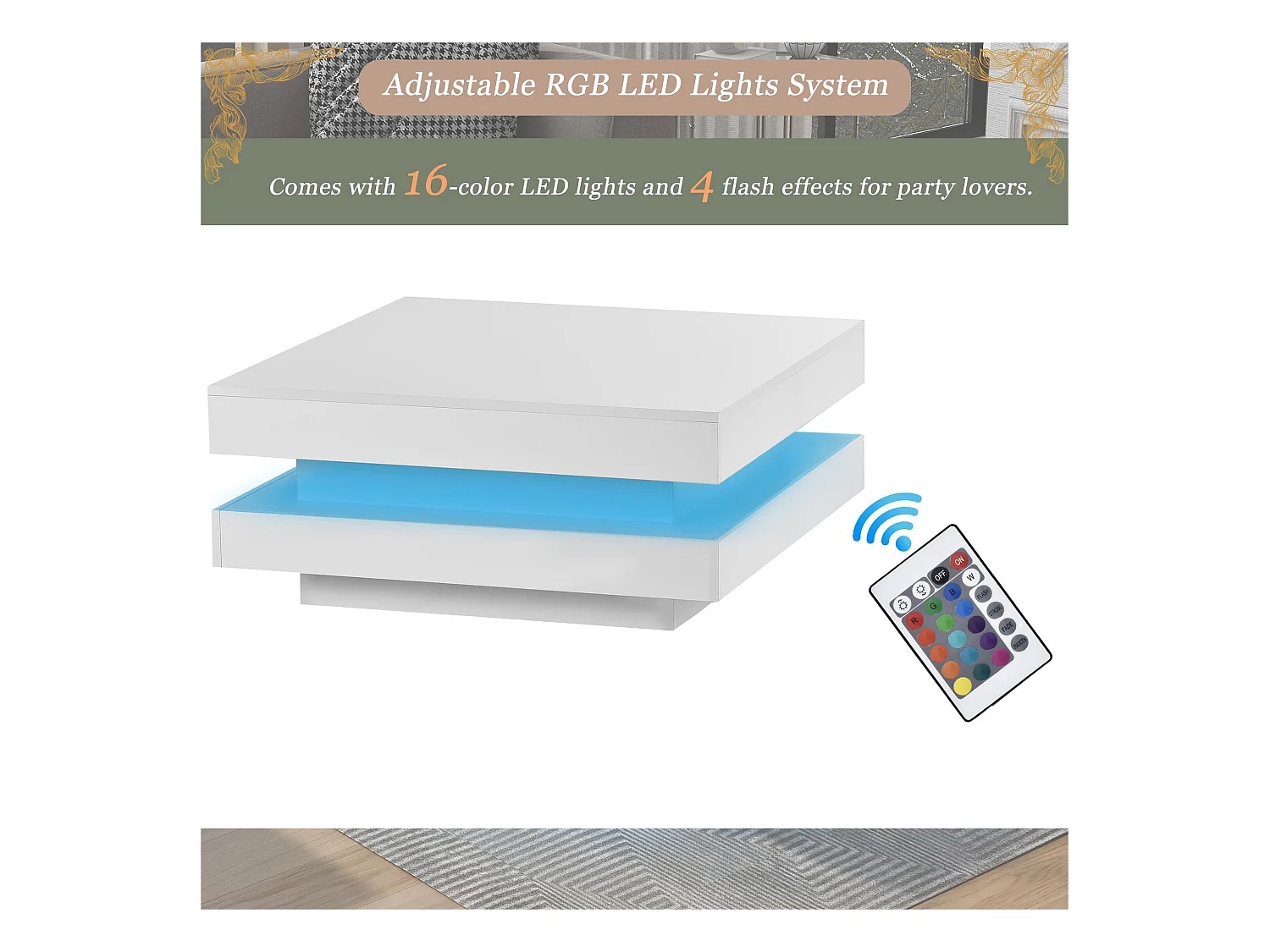 Draaibare salontafel met LED in 16 kleuren - vierkante vorm - Wit