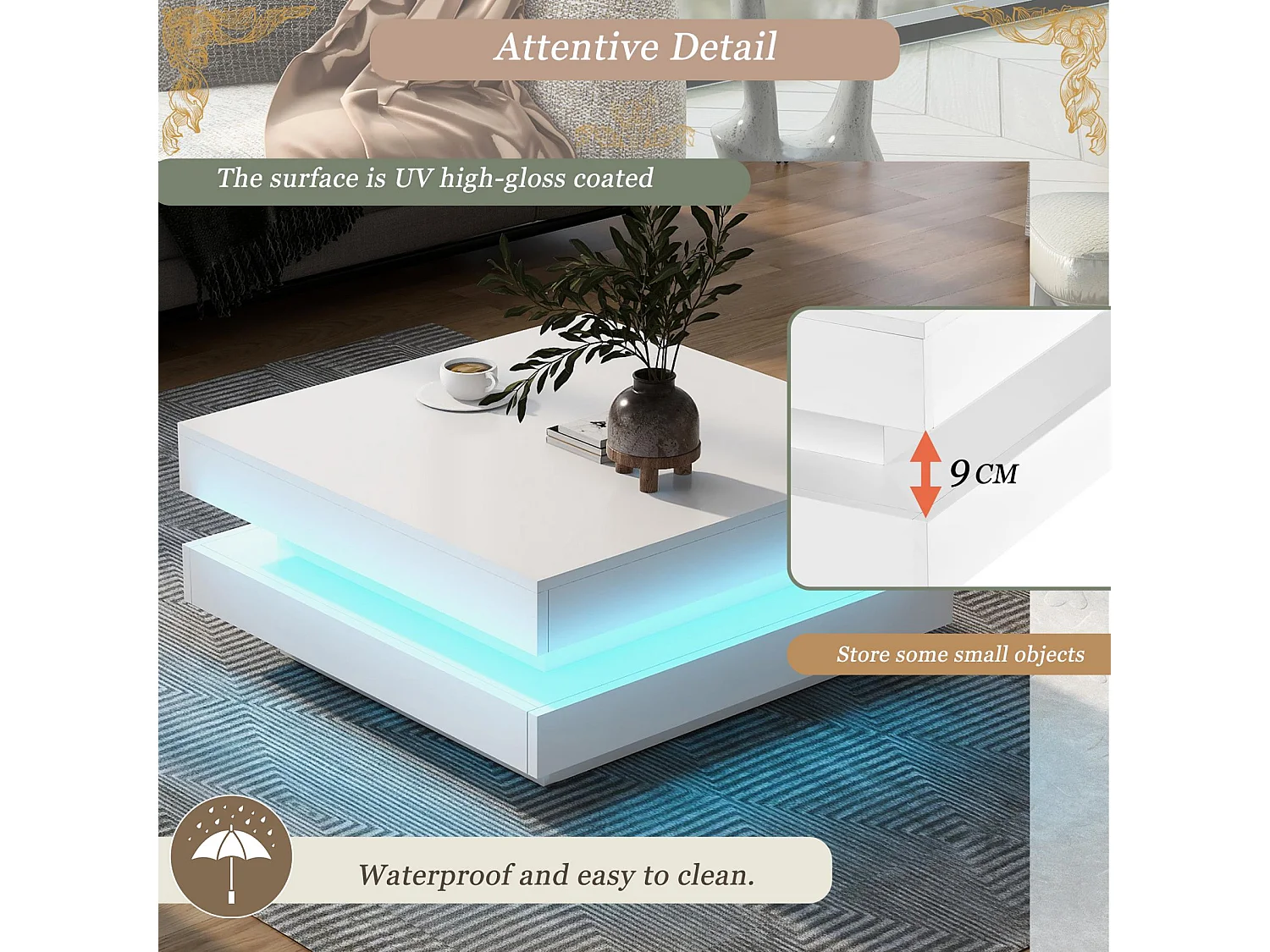 Table basse pivotante avec LED en 16 couleurs - forme carrée - Blanc