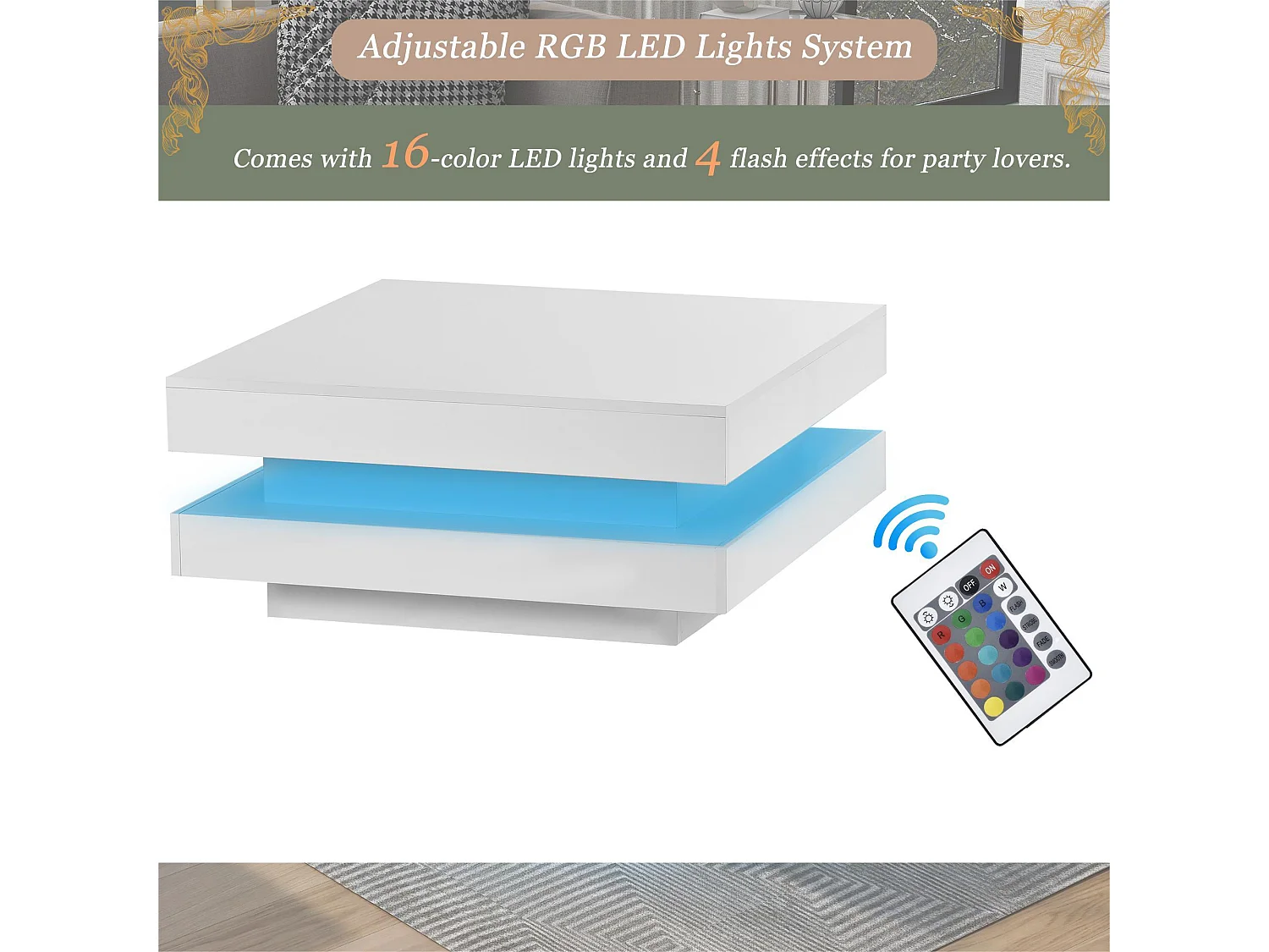 Table basse pivotante avec LED en 16 couleurs - forme carrée - Blanc