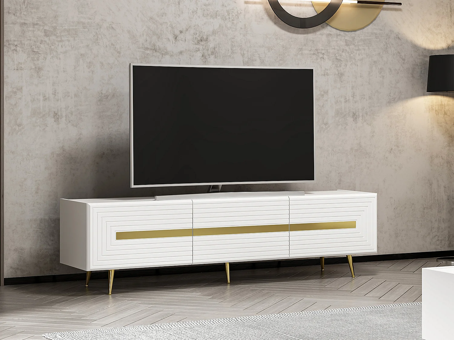 Meuble TV avec 3 portes - Blanc et doré - MOLYA de Pascal MORABITO