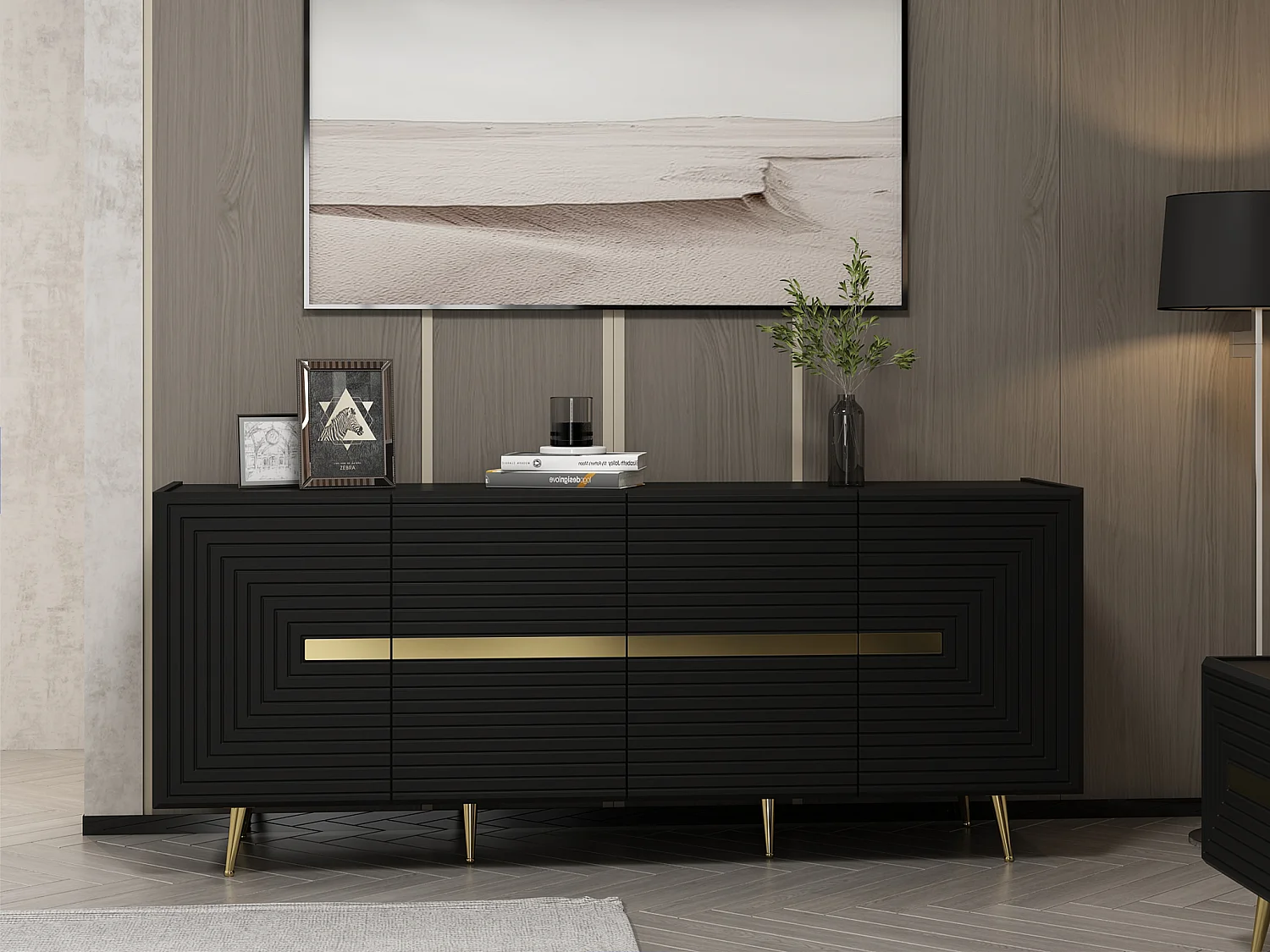 Aparador con 4 puertas de MDF - Negro y dorado - MOLYA de Pascal MORABITO