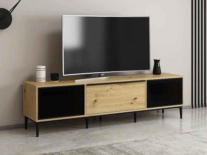 Tv-meubel met 3 deuren van zwart gehard glas - Naturel - MOLINIA