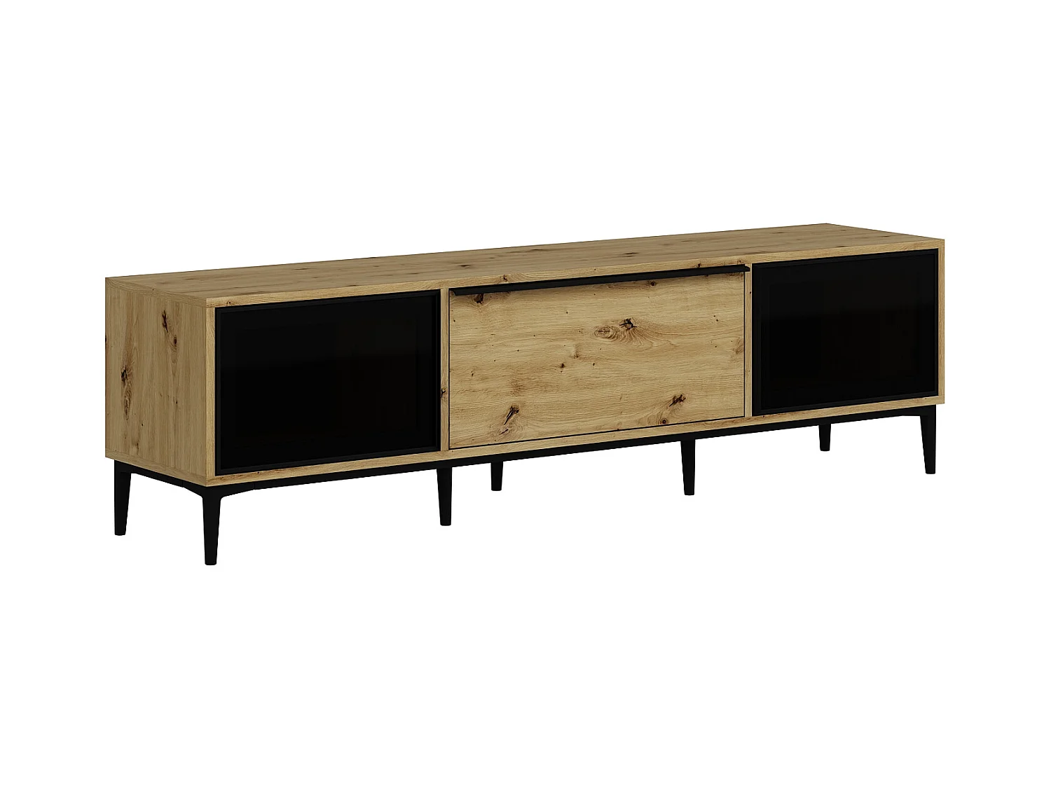 Mueble TV con 3 puertas de vidrio templado negro - Natural - MOLINIA