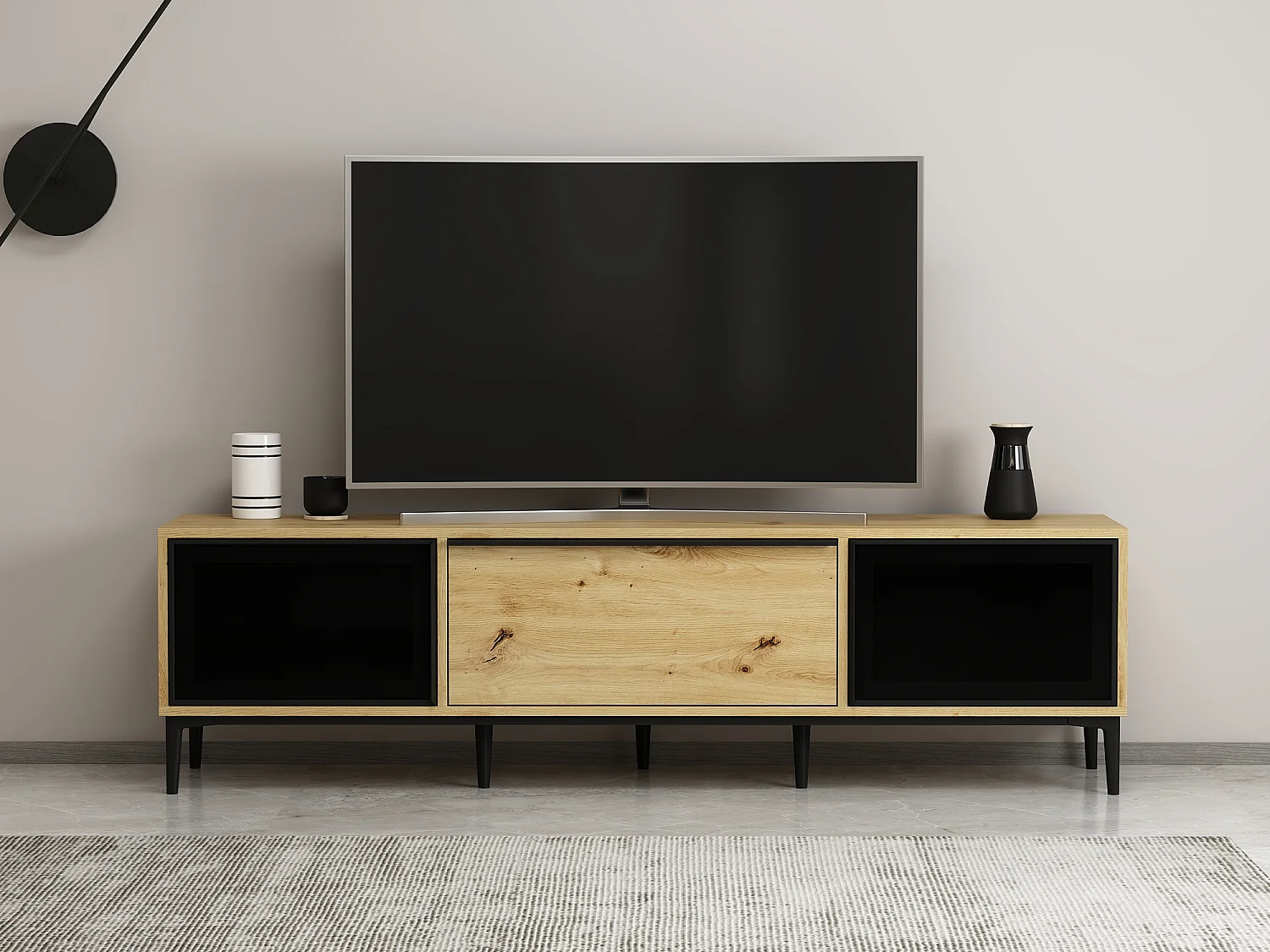 Mueble TV con 3 puertas de vidrio templado negro - Natural - MOLINIA