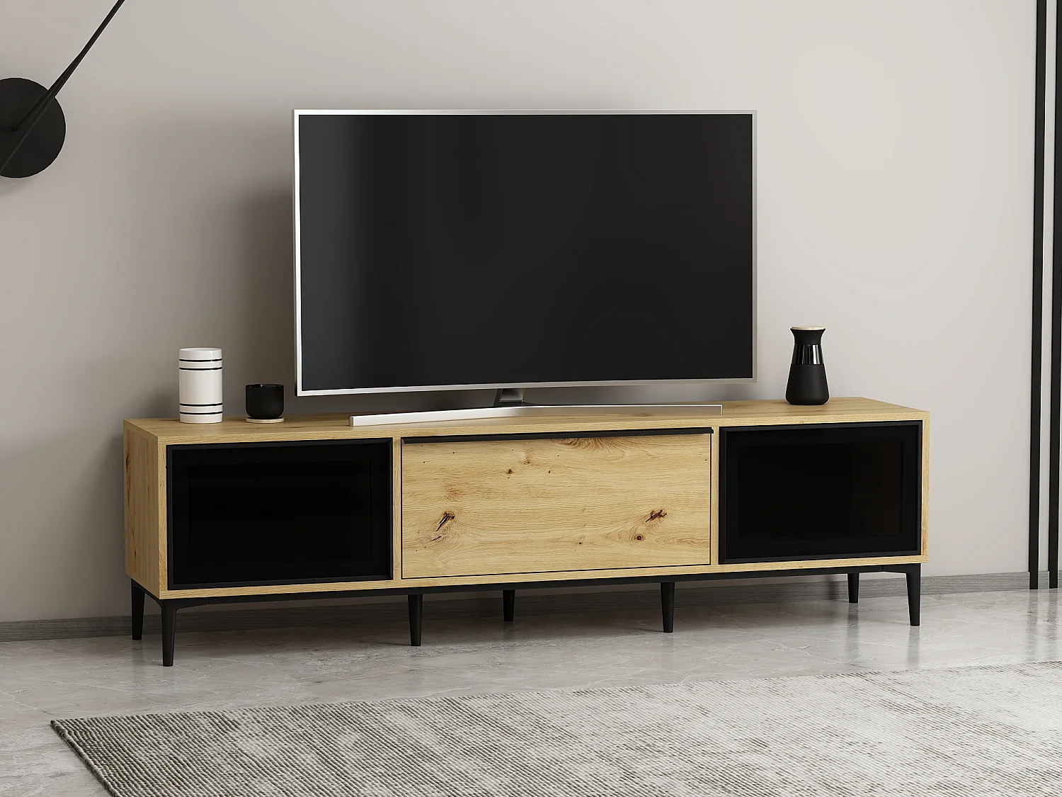 Meuble TV avec 3 portes en verre trempé noir - Naturel - MOLINIA