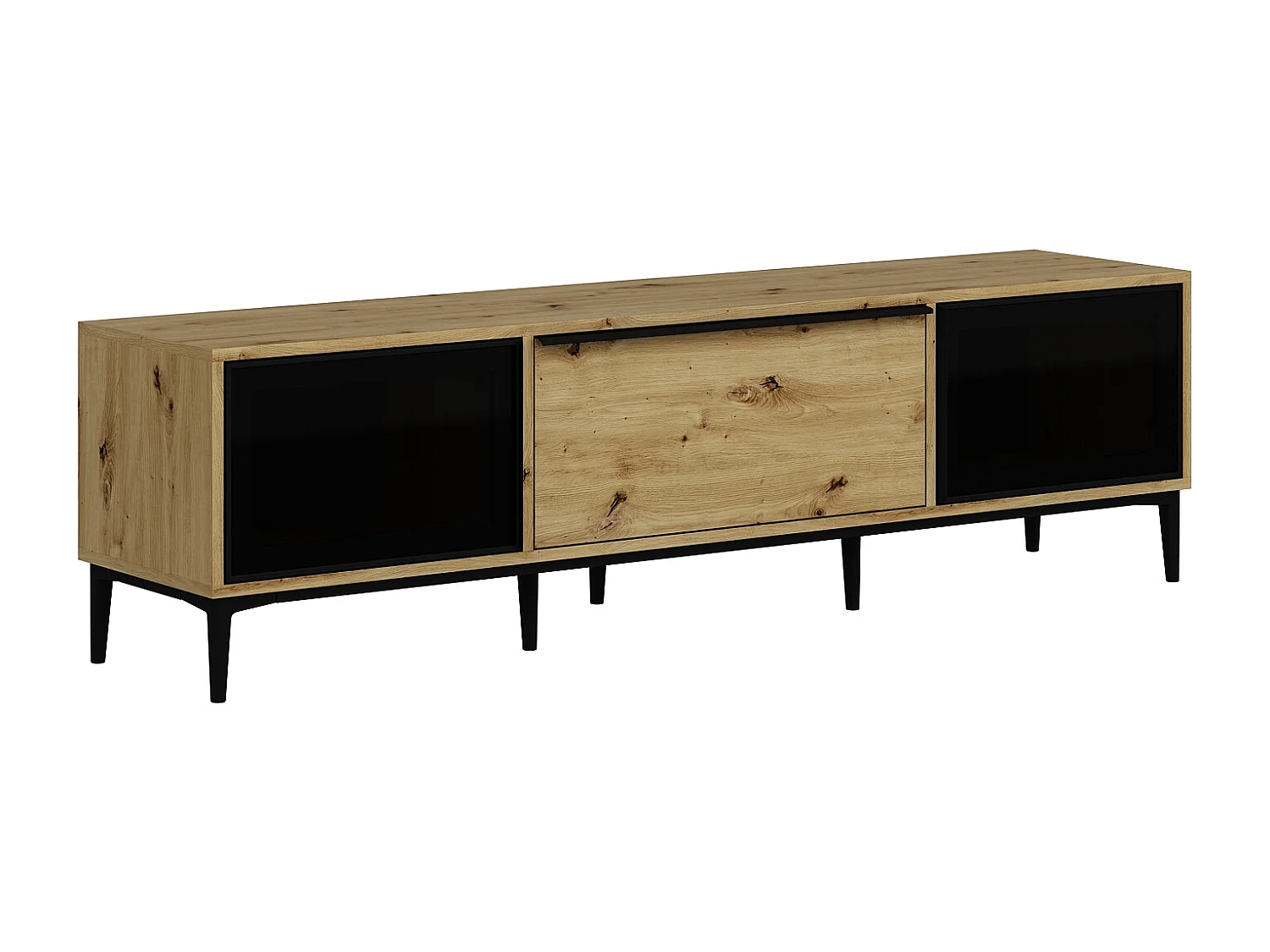 Meuble TV avec 3 portes en verre trempé noir - Naturel - MOLINIA