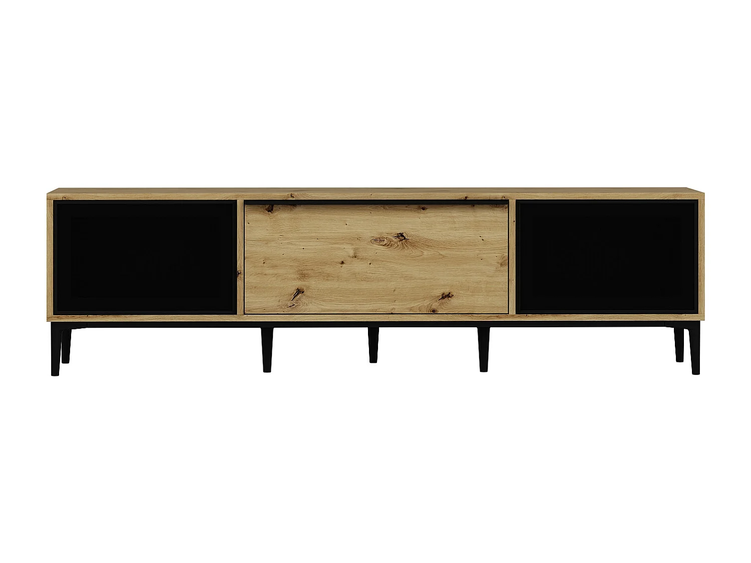 Meuble TV avec 3 portes en verre trempé noir - Naturel - MOLINIA