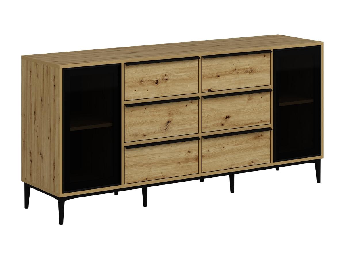 Sideboard mit 2 Türen aus Sicherheitsglas & 6 Schubladen - Holzfarben & Sch günstig online kaufen