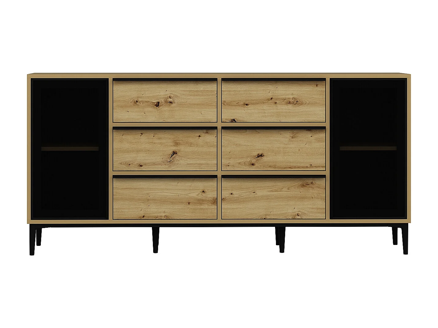 Sideboard mit 2 Türen aus Sicherheitsglas & 6 Schubladen - Holzfarben & Schwarz - MOLINIA
