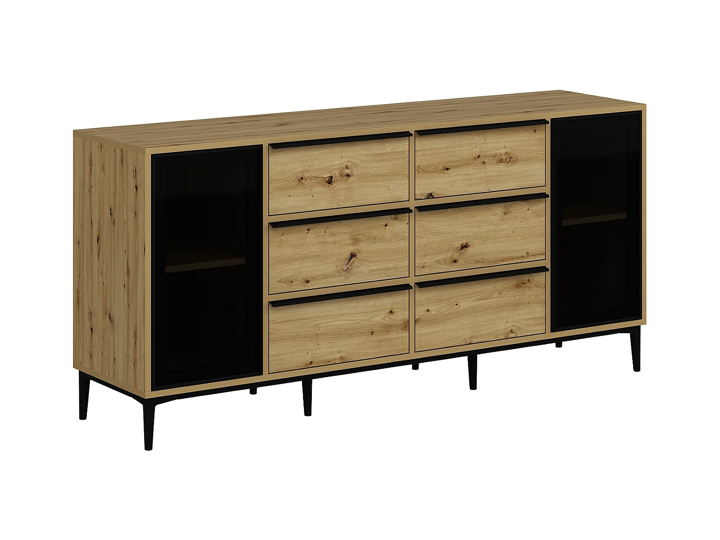 Sideboard mit 2 Türen aus Sicherheitsglas & 6 Schubladen - Holzfarben & Schwarz - MOLINIA
