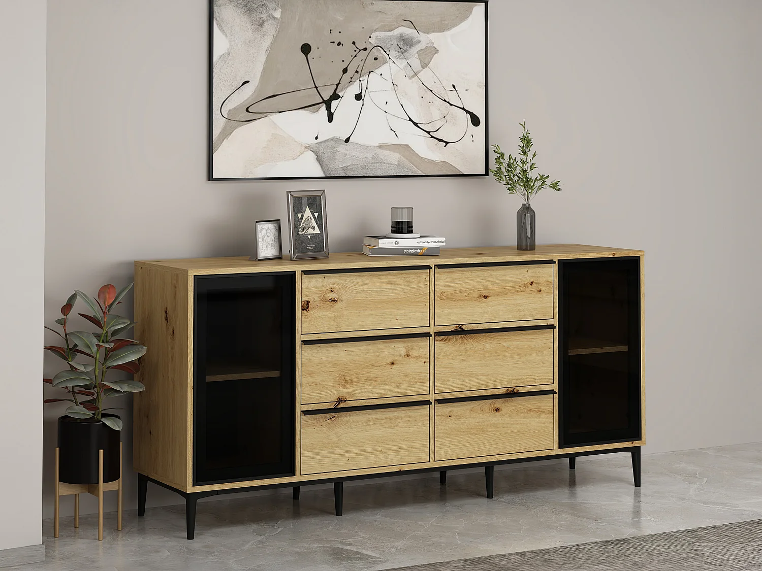 Sideboard mit 2 Türen aus Sicherheitsglas & 6 Schubladen - Holzfarben & Schwarz - MOLINIA