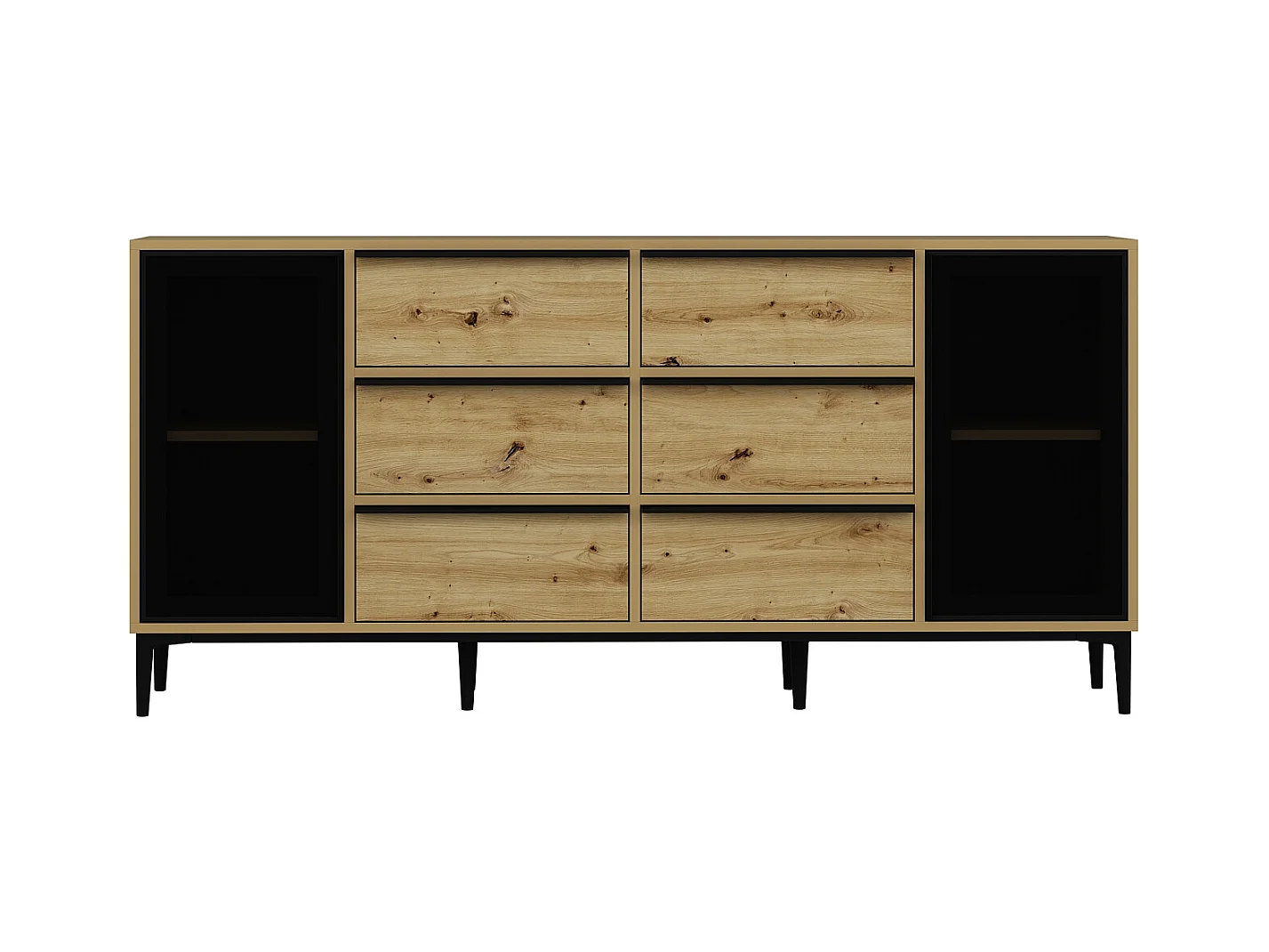 Sideboard mit 2 Türen aus Sicherheitsglas & 6 Schubladen - Holzfarben & Schwarz - MOLINIA