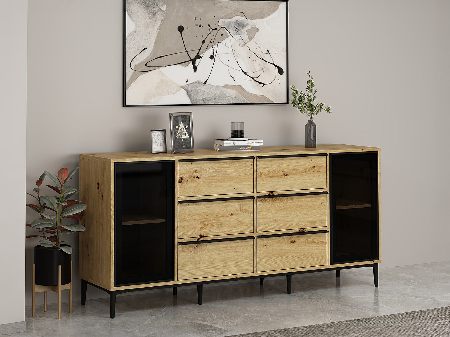 Sideboard mit 2 Türen aus Sicherheitsglas & 6 Schubladen - Holzfarben & Sch günstig online kaufen