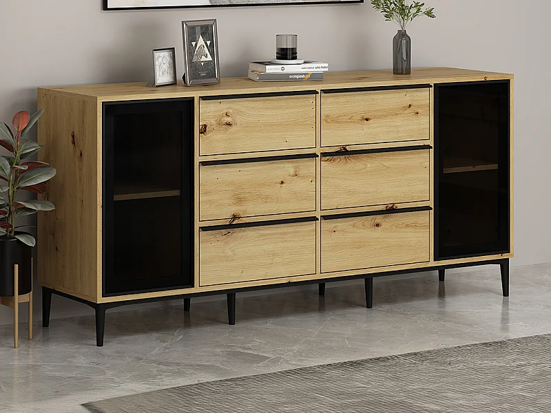 Buffet avec 2 portes en verre trempé et 6 tiroirs - Naturel et noir - MOLINIA