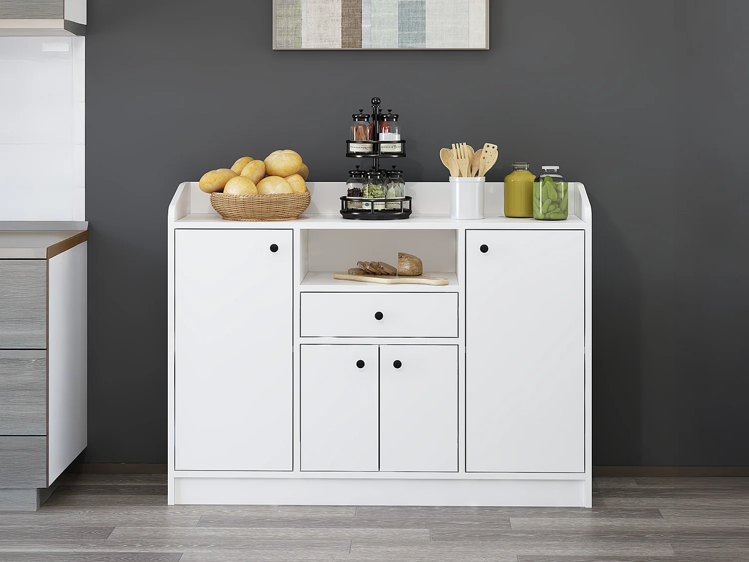 Buffet de cuisine avec 4 portes, 1 tiroir et 1 niche - Blanc - MIZOTA