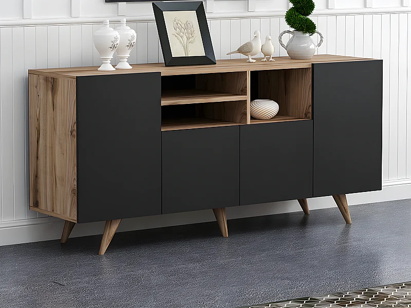 Sideboard mit 4 Türen & 3 Regalfächern - Schwarz & Holzfarben - MOSTIA