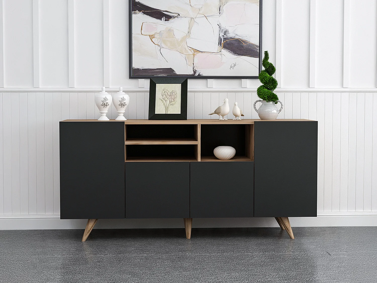 Buffet avec 4 portes et 3 niches - Noir et naturel - MOSTIA