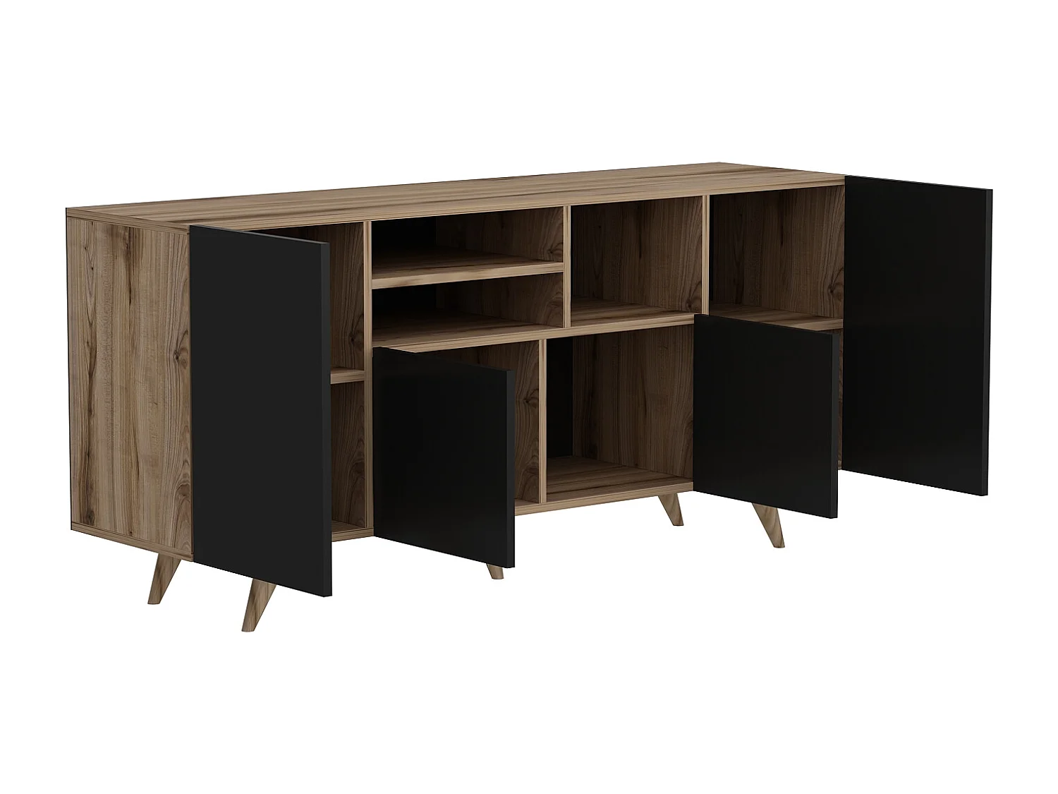 Aparador com 4 portas e 3 nichos preto e natural - MOSTIA