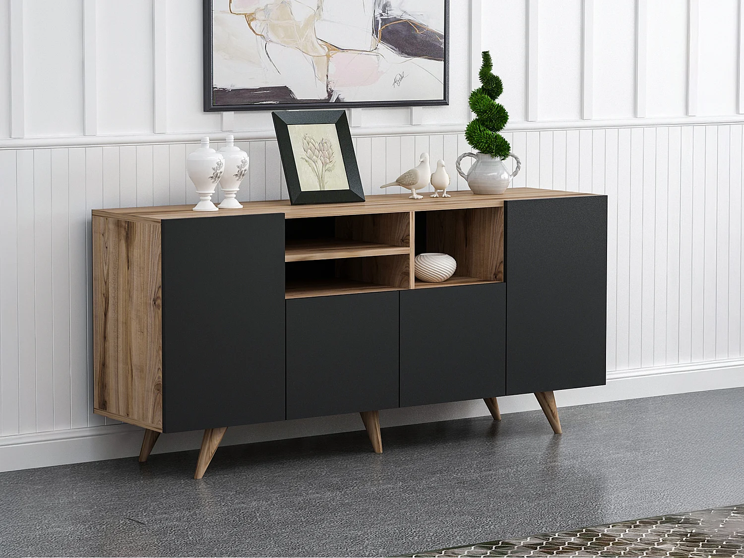 Buffet avec 4 portes et 3 niches - Noir et naturel - MOSTIA