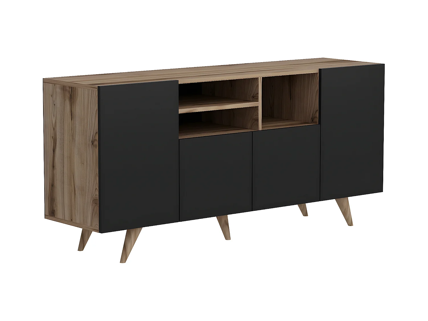 Aparador con 4 puertas y 3 estantes - Negro y natural - MOSTIA