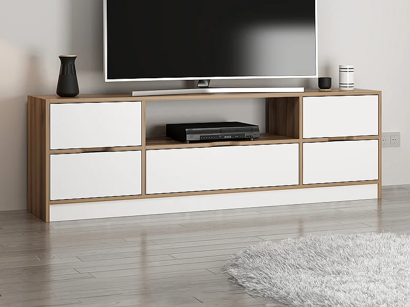 Móvel de TV com 3 portas, 2 gavetas e 1 nicho branco e natural - MELINYA