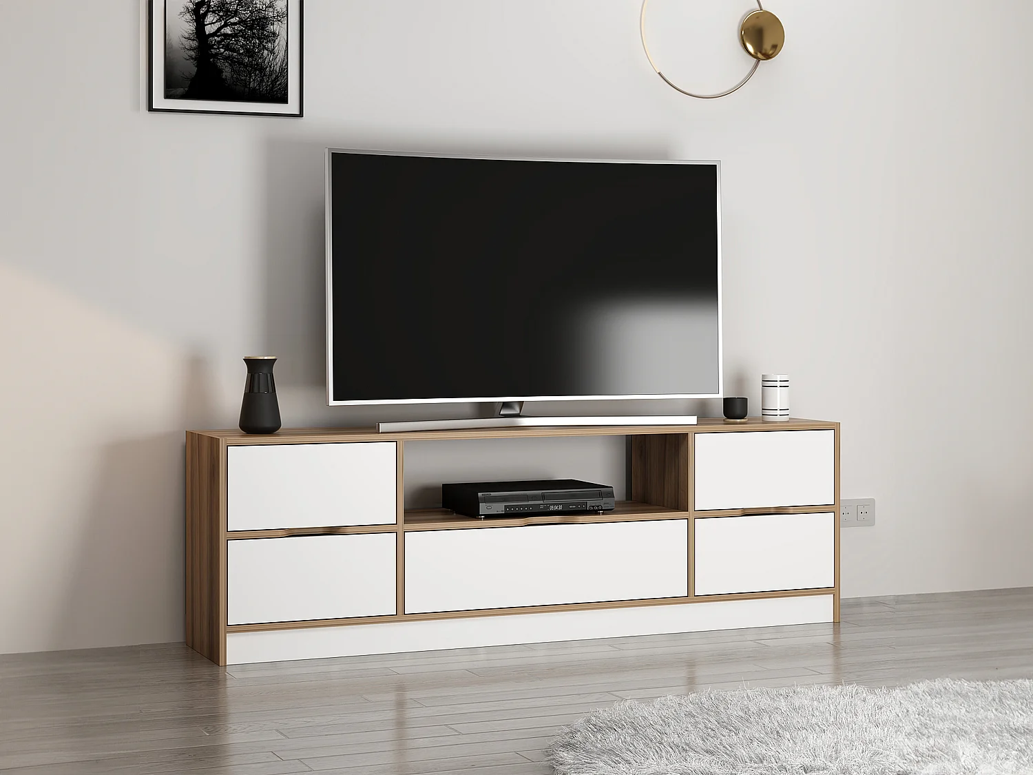 Meuble TV avec 3 portes, 2 tiroirs et 1 niche - Blanc et Naturel - MELINYA