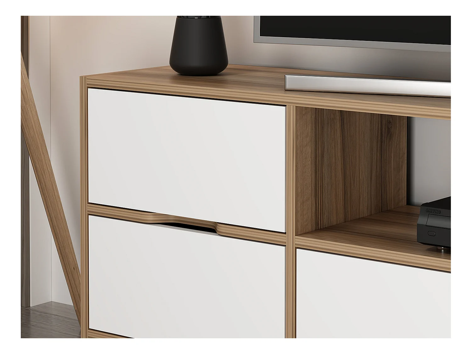 Tv-meubel met 3 deuren, 2 lade en 1 nis - Wit en naturel - MELINYA