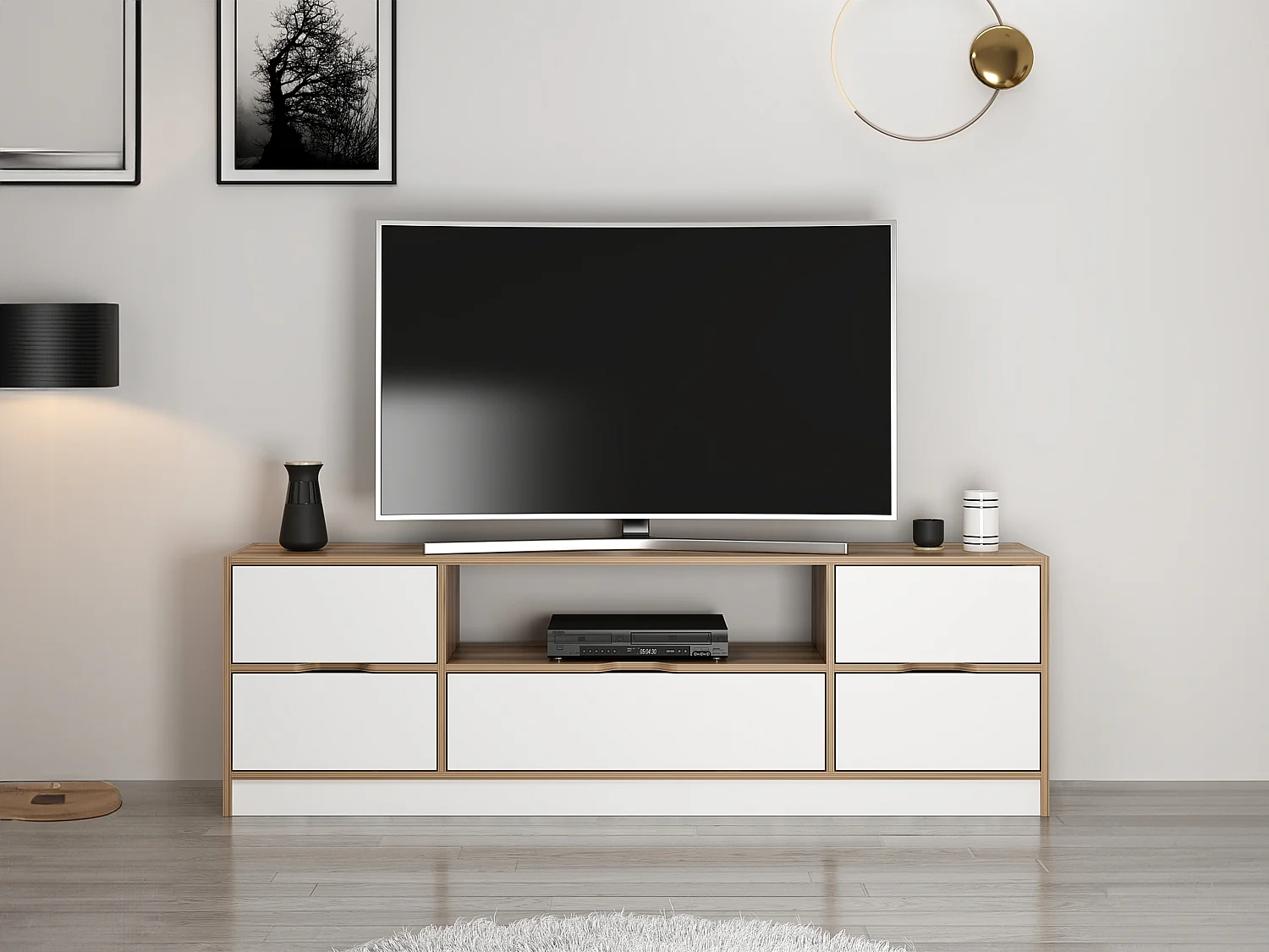 Tv-meubel met 3 deuren, 2 lade en 1 nis - Wit en naturel - MELINYA