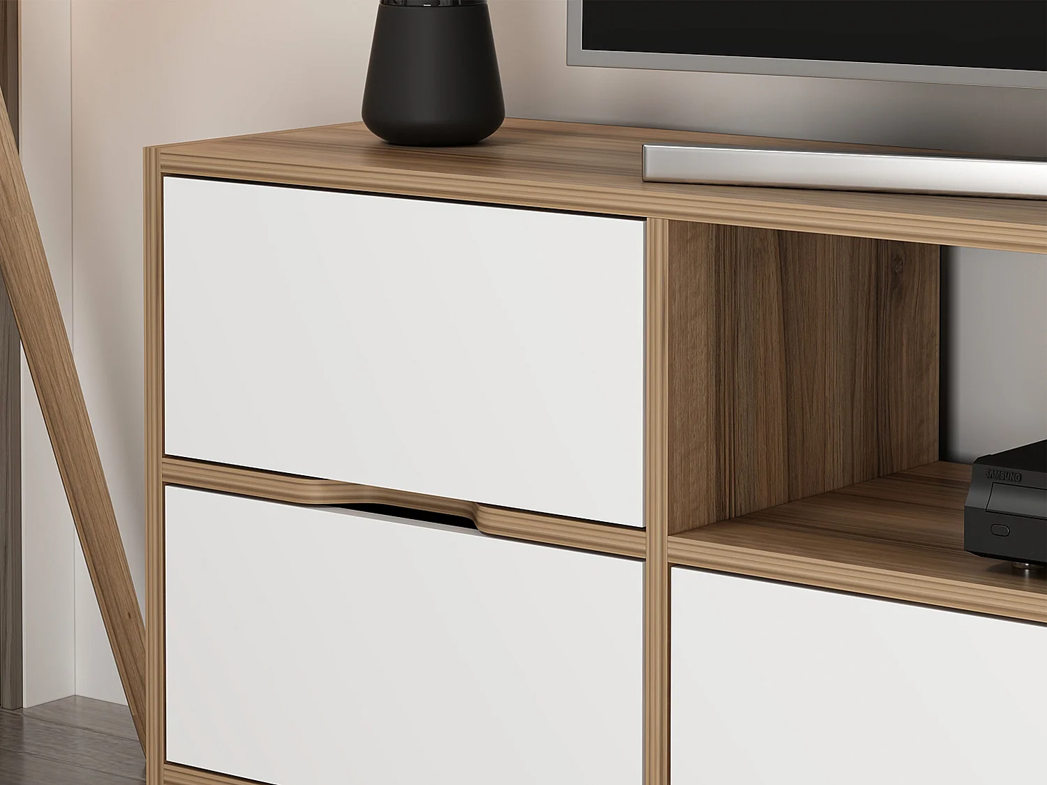 Meuble TV avec 3 portes, 2 tiroirs et 1 niche - Blanc et Naturel - MELINYA