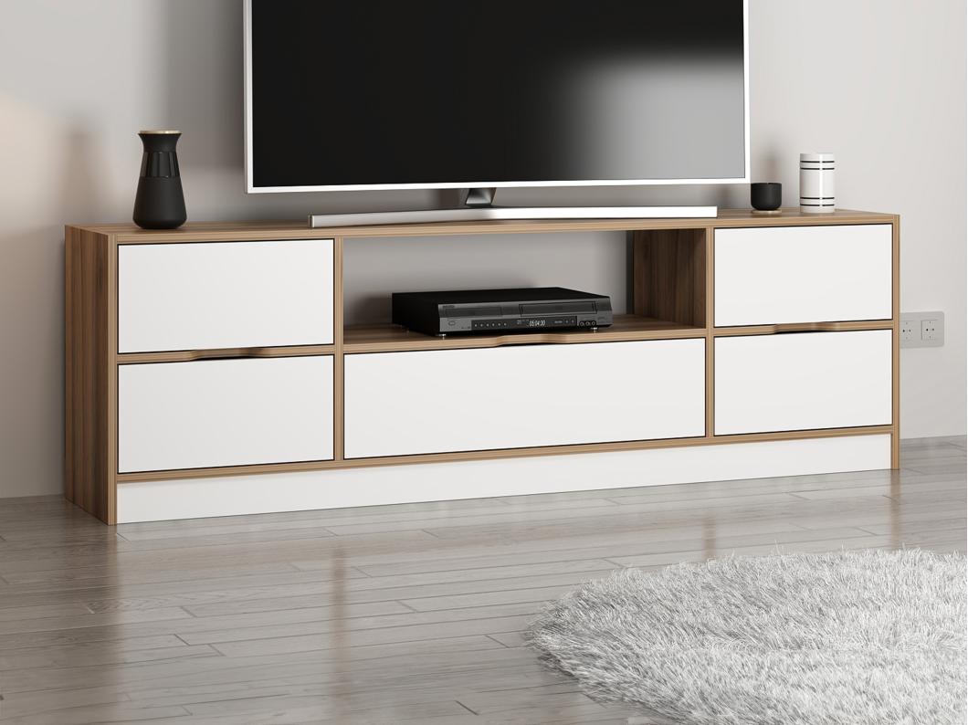 Meuble TV avec 3 portes, 2 tiroirs et 1 niche - Blanc et Naturel - MELINYA