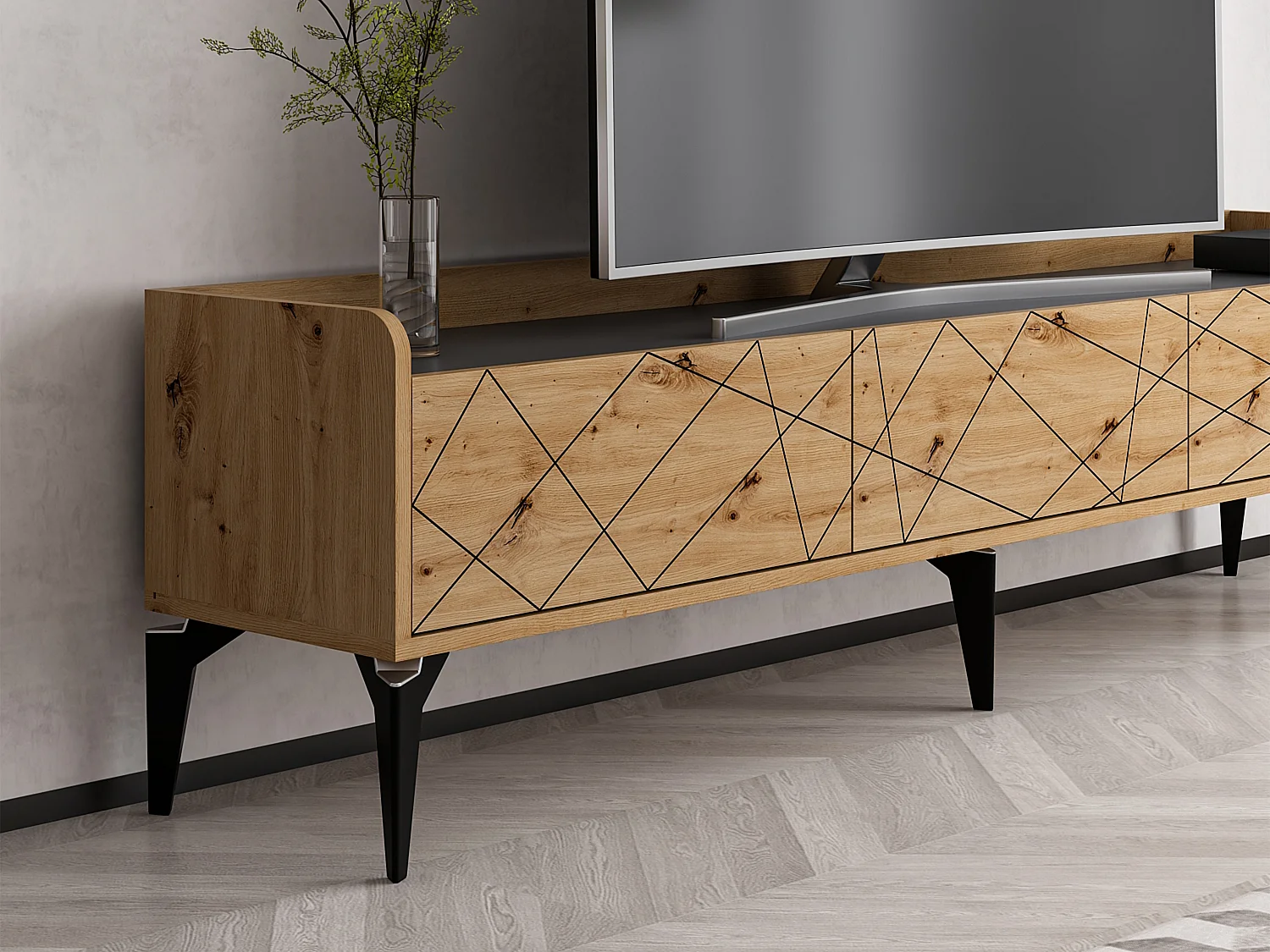 Mueble TV con 3 puertas - Natural y antracita - MONALIA