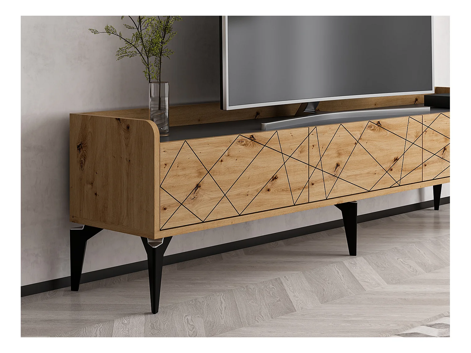 TV-Möbel mit 3 Türen - Holzfarben & Anthrazit - MONALIA